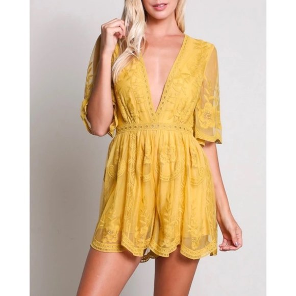 Honey Punch As You Wish Golden Yellow Plunge Front Lace Romper - Picture 7 of 8